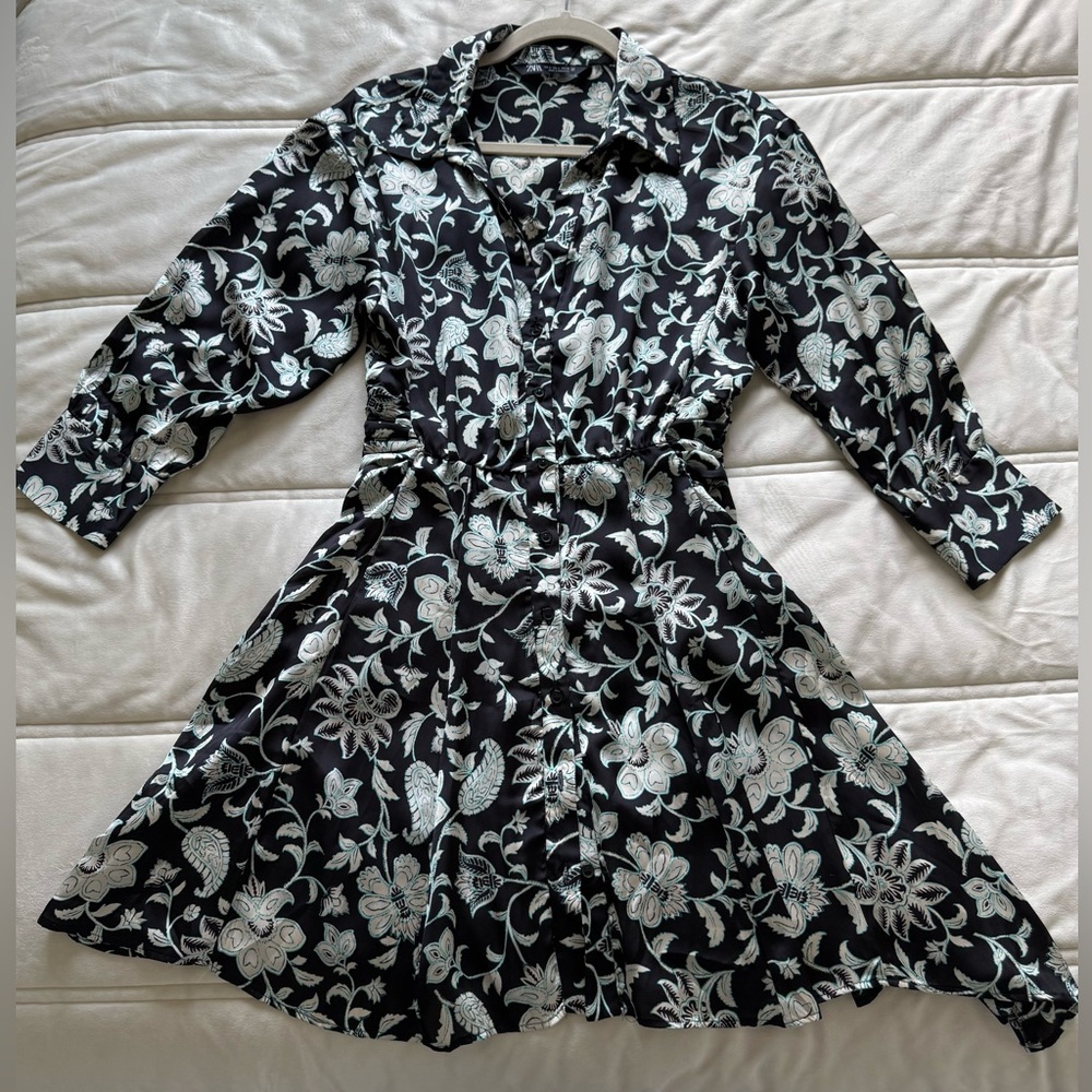 Zara Black and Cream Floral Long Sleeve Dress